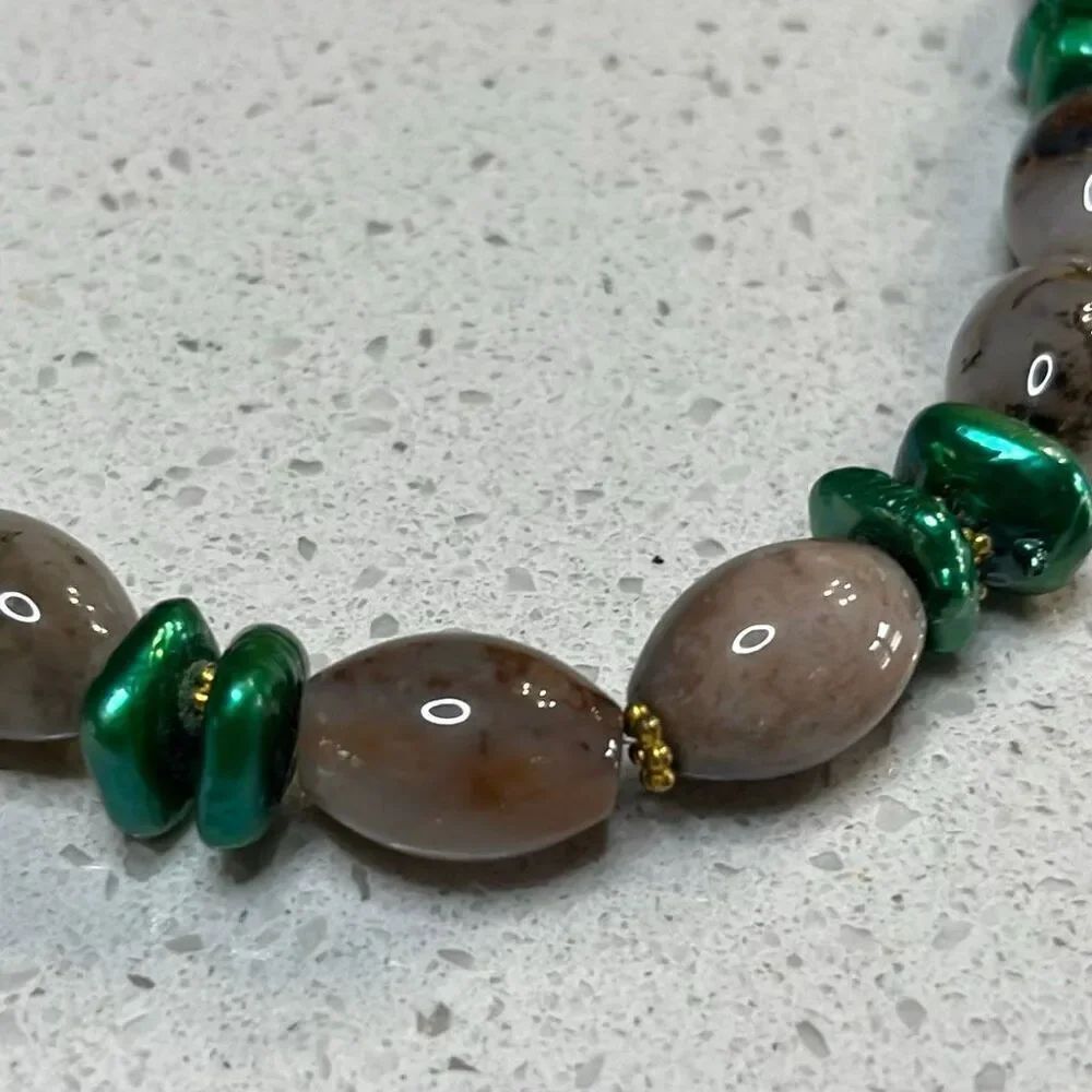 Statement Necklace Brown Green Stone 21 inch length Costume Jewelry